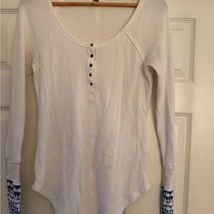 Free People White and Blue Long Sleeve Bodysuit